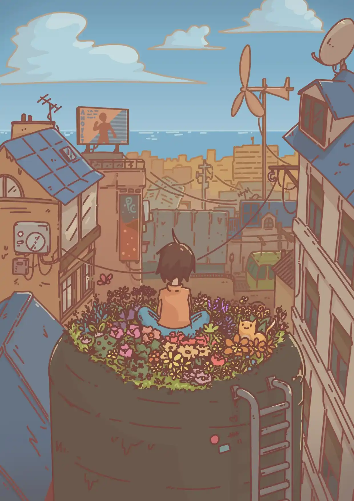 Illustration of a young girl sitting on top of a water tank in the middle of a huge city, looking at the sea far away. She's sitting in the middle of a patch of flowers which had grown on top of the tank, and a cute is at her side looking at a bee flying by.